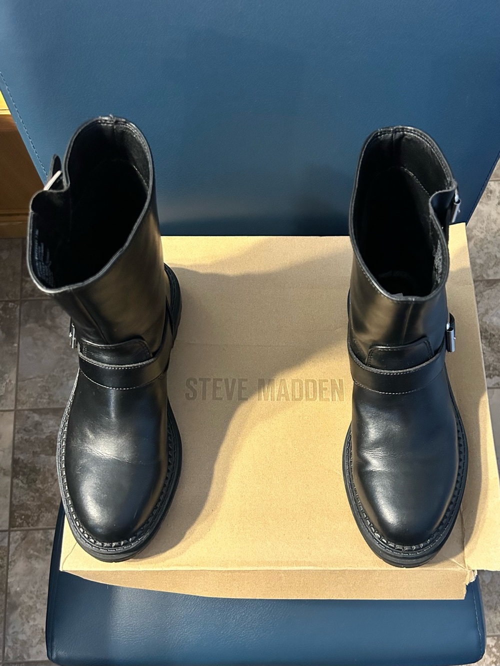 Steve Madden Woman’s Black Leather Strap Ankle Boots